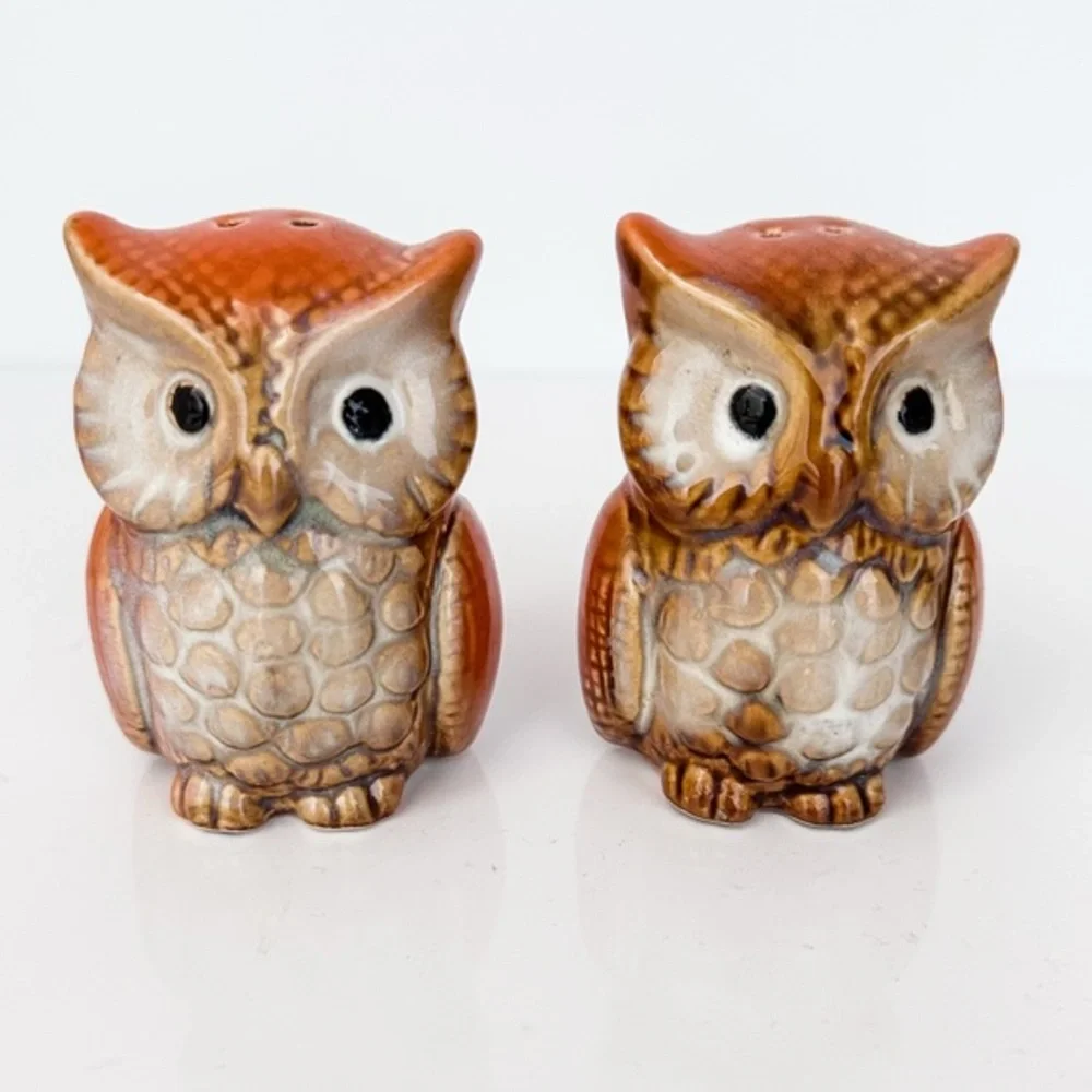 Vintage Owl Salt & Pepper Shakers Ceramic Brown Mid-Century Japan Set